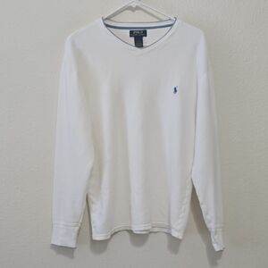 Polo by Ralph Lauren White Long Sleeve Ribbed Sweater with Blue Logo L